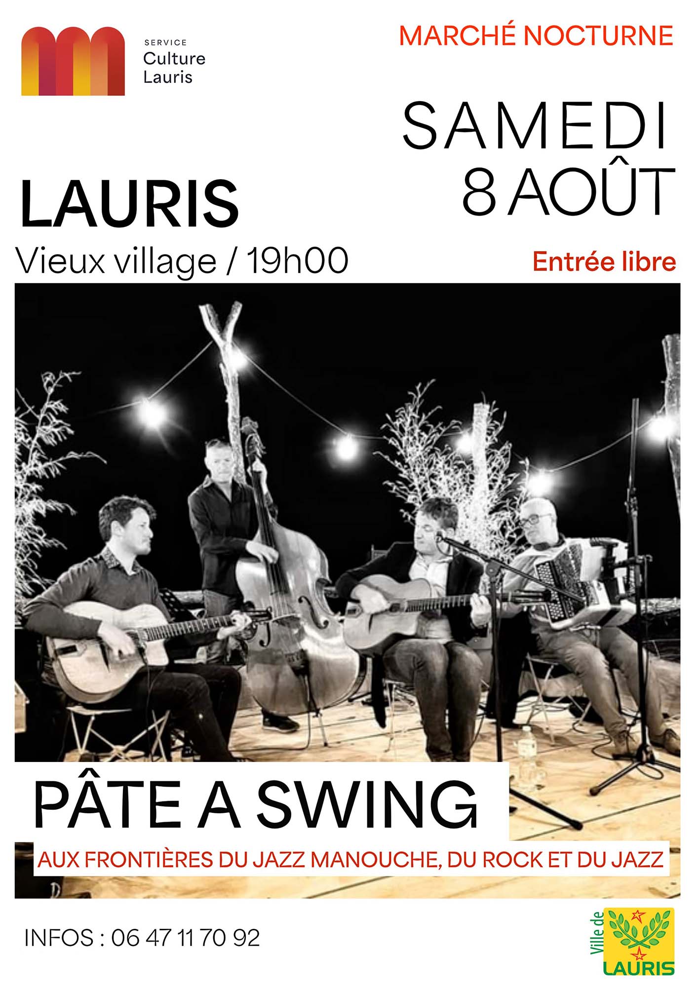 Pâte à Swing at the Lauris Night Market Pâte à Swing concert at the Lauris night market, blending gypsy jazz, rock and jazz