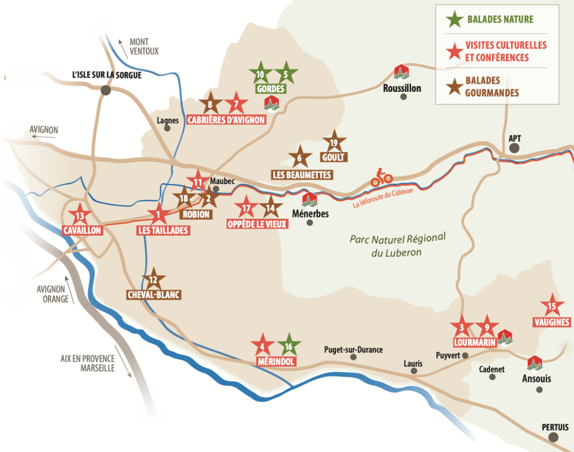 Map of guided tours and hikes in the Luberon 2026-2027