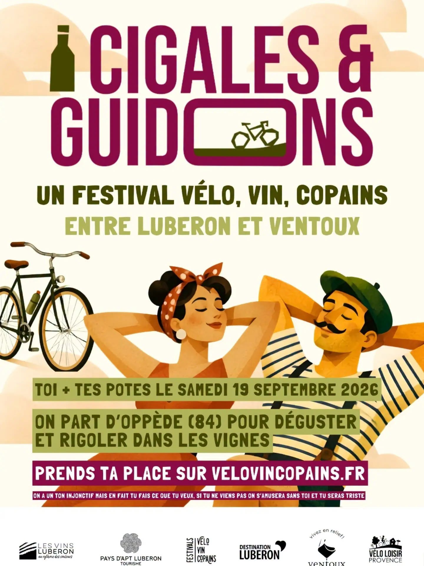 Poster for the 2026 Cigales & Guidons vineyard bike ride starting in Oppède