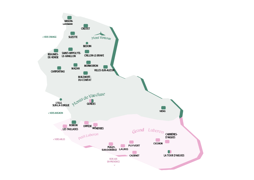 Map of the Vignobles en Scène destinations around Ventoux and in the Luberon