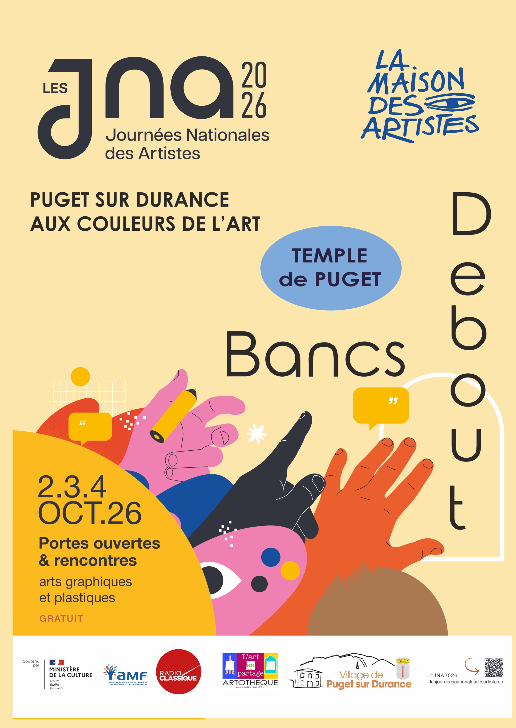 Poster for the Bancs Debout exhibition at the Temple in Puget-sur-Durance