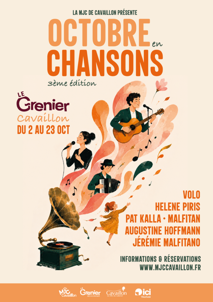 Poster for the Octobre en Chansons 2026 festival at Le Grenier, MJC de Cavaillon