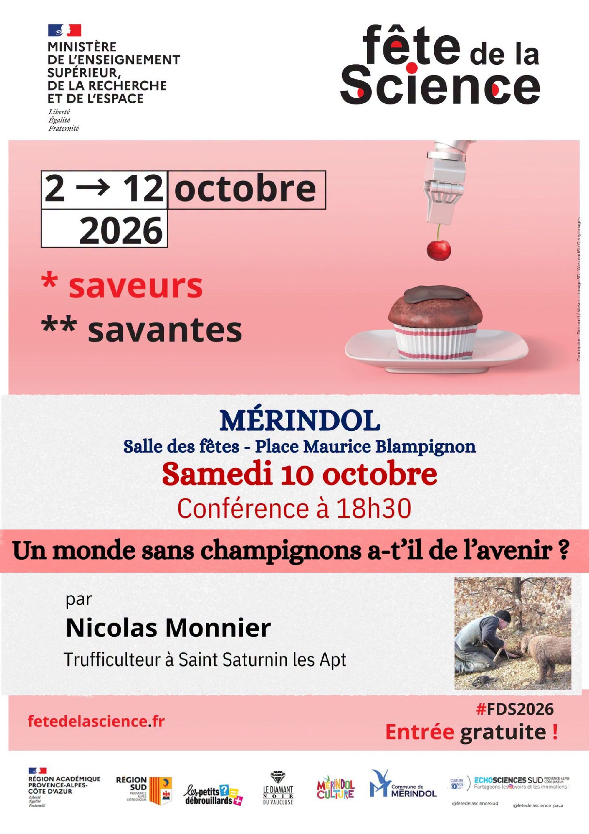 Science Festival 2026 in Mérindol - Conference about fungi Poster for the 2026 Science Festival in Mérindol featuring a conference about fungi