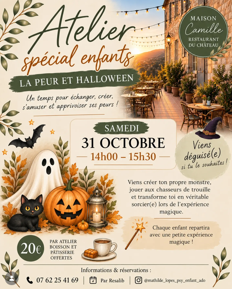 Halloween workshop for children at Maison Camille in Lauris on 31 October 2026 Poster for the children's Halloween workshop at Maison Camille in Lauris, featuring pumpkins and Halloween decorations