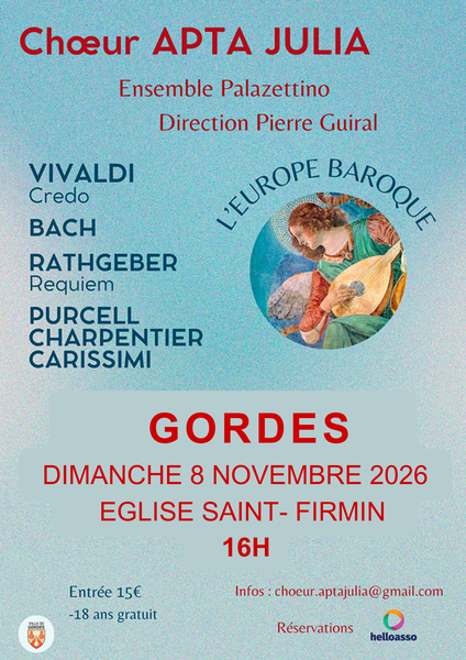 Baroque Europe concert in Gordes - Choeur Apta Julia Poster for the Baroque Europe concert by Choeur Apta Julia in Gordes, featuring an illustration of an angel playing music.