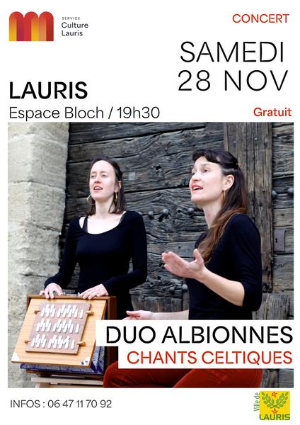 Poster for the Duo Albionnes Celtic songs concert in Lauris, featuring Carole Winandy and Holly Hinton-Smith.