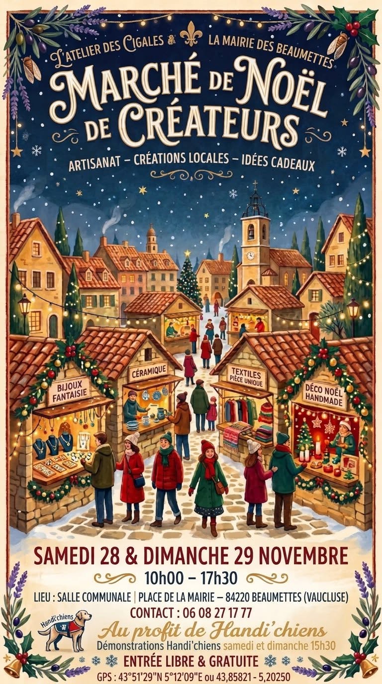 Christmas craft market in Les Beaumettes - 28 and 29 November 2026 Illustrated Christmas craft market poster showing a festive village scene with illuminated market stalls and visitors