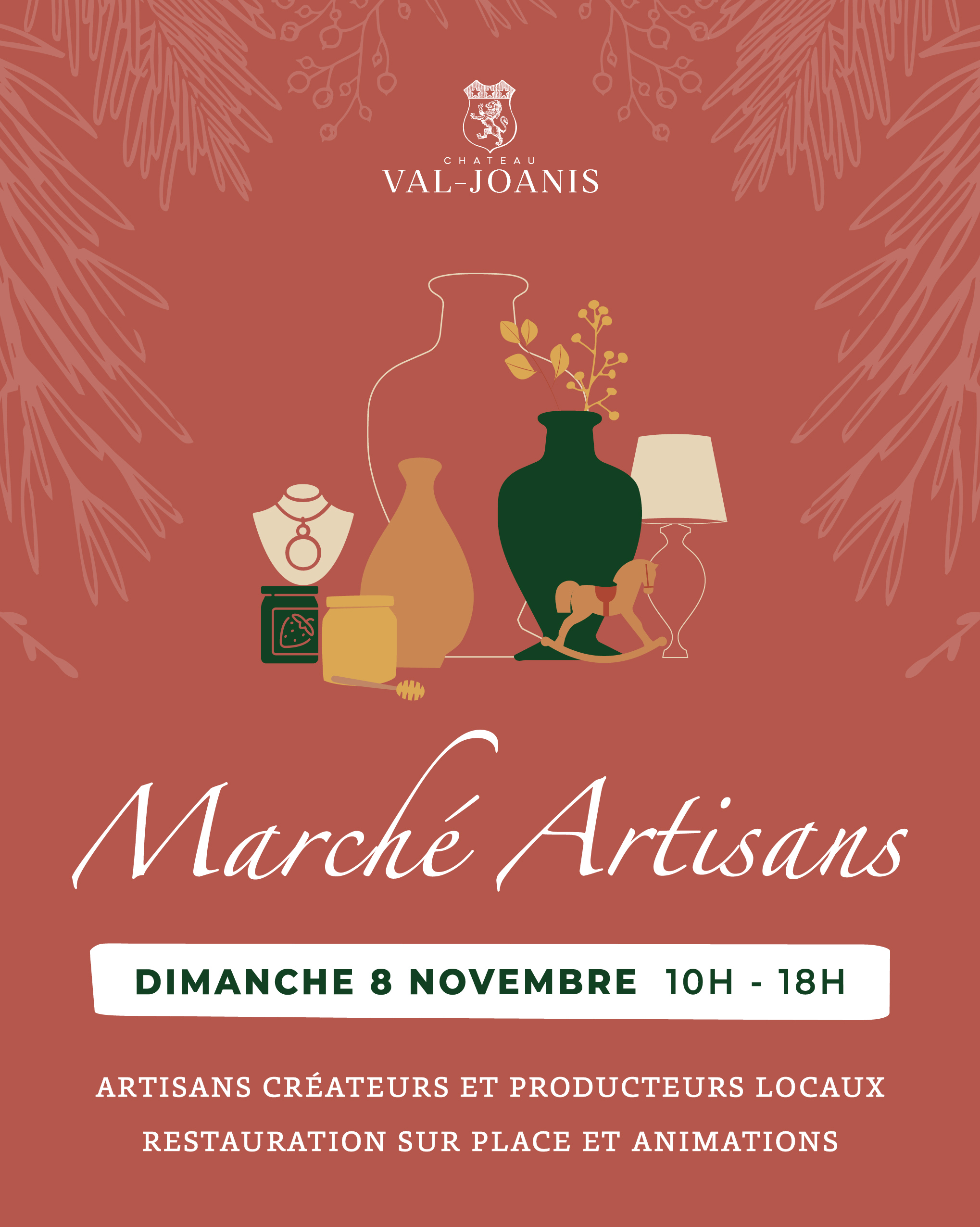 Artisan market at Château Val Joanis in Pertuis - 8 November 2026 Poster for the artisan market at Château Val Joanis, featuring illustrations of decorative objects and handmade crafts against a terracotta background