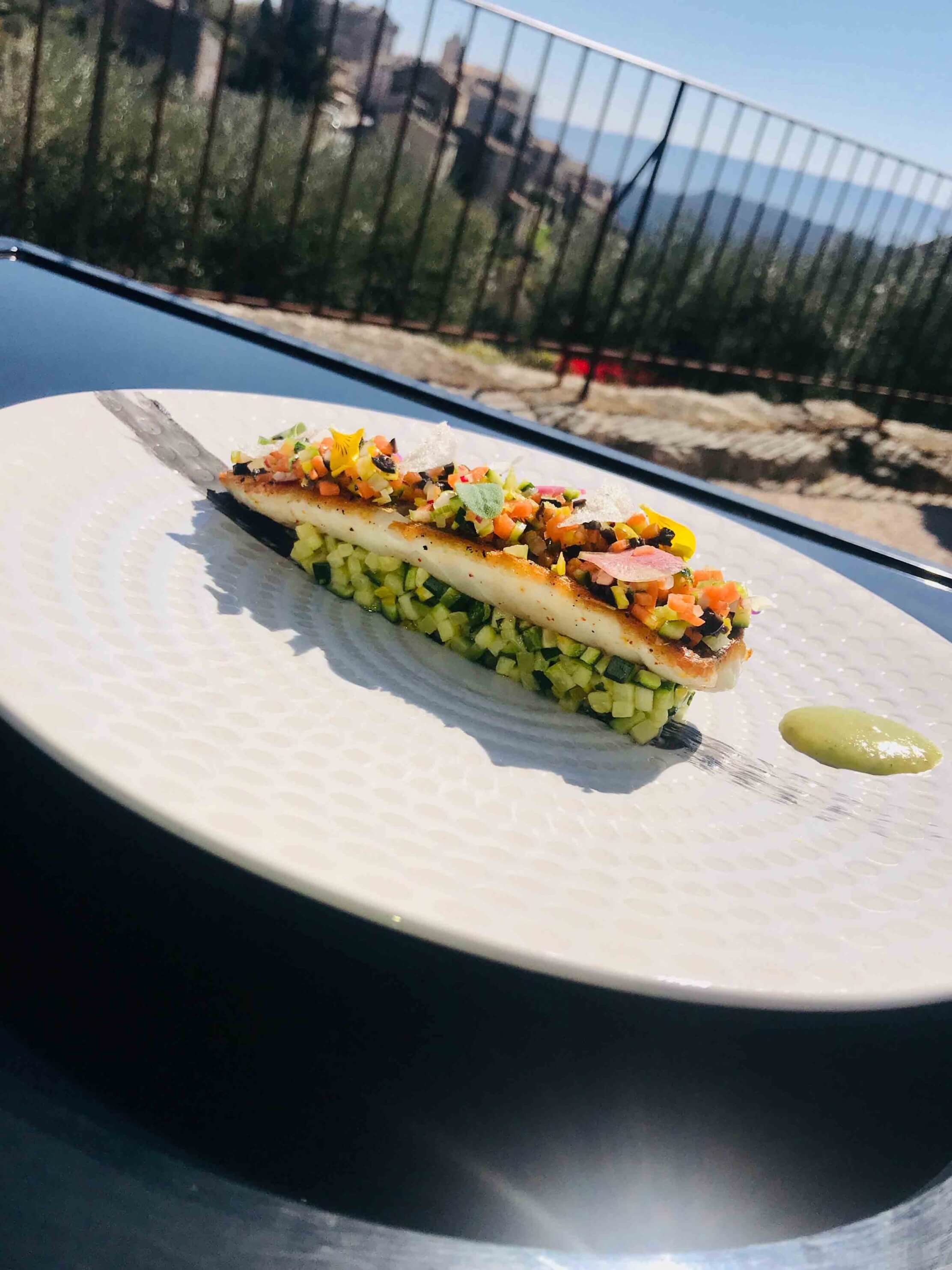 Mediterranean sea bass fillet, courgettes and mint, vegetable dressing by Chef Lorenzo Ferro - L'Esprit des Romarins in Gordes