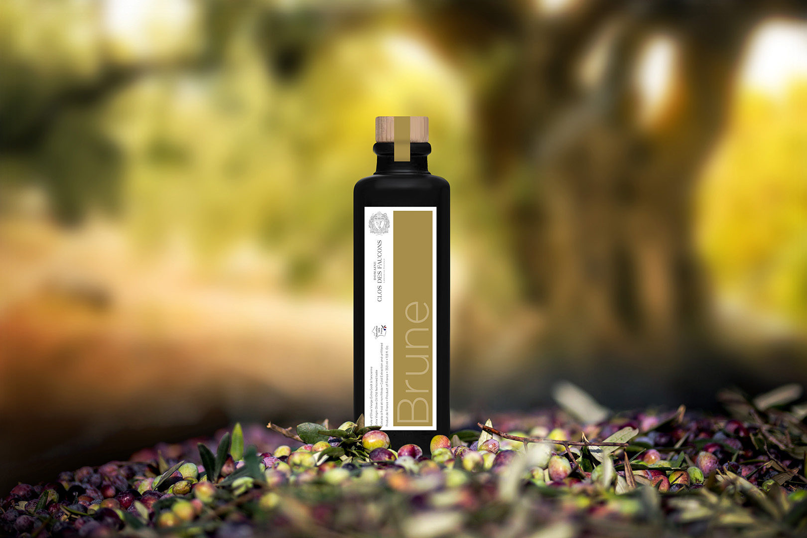 Exceptional olive oil produced in the Luberon Domaine Clos des Faucons olive oil in a black stoneware bottle